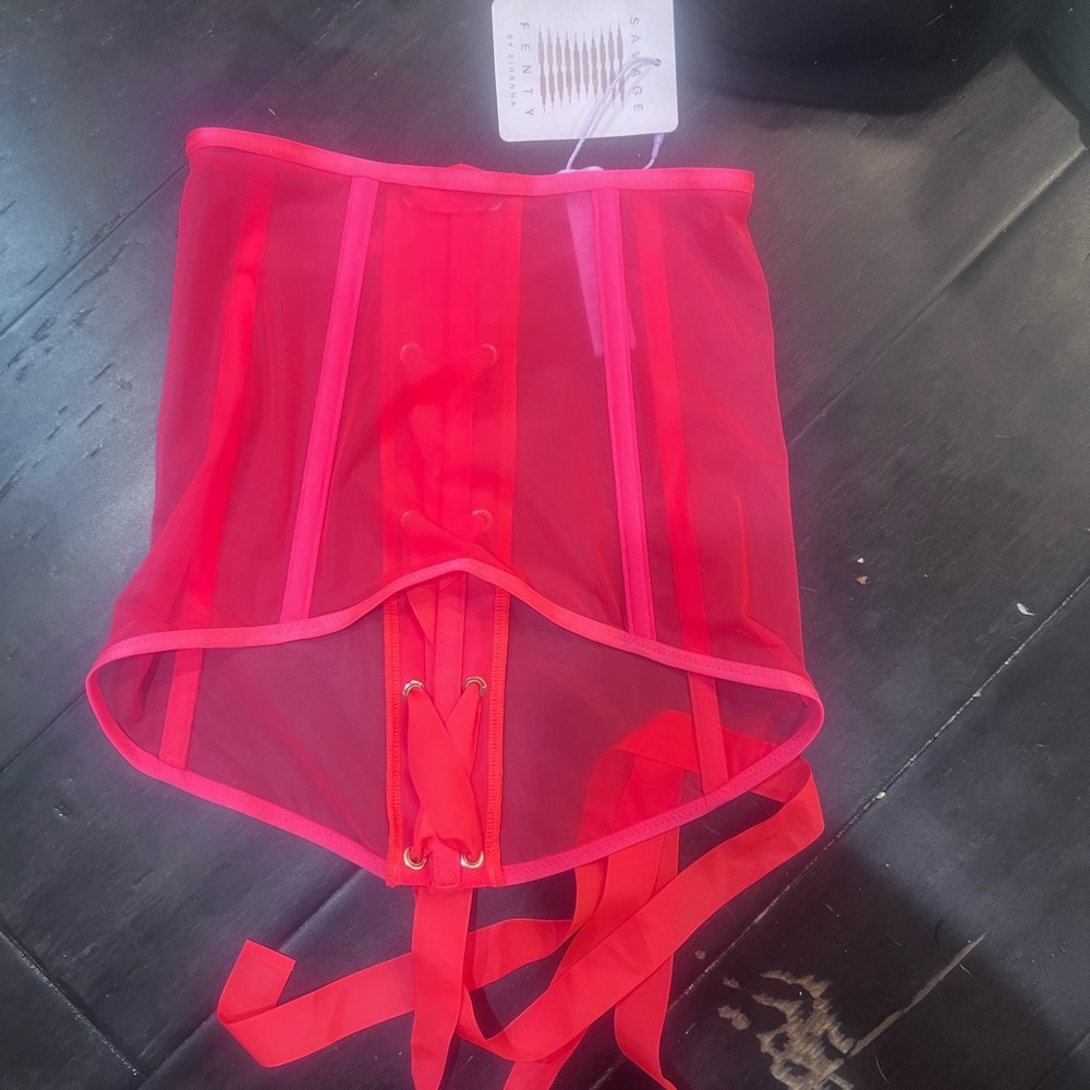 Savage x Fenty Red Sheer Corset with Lace-Up Detail